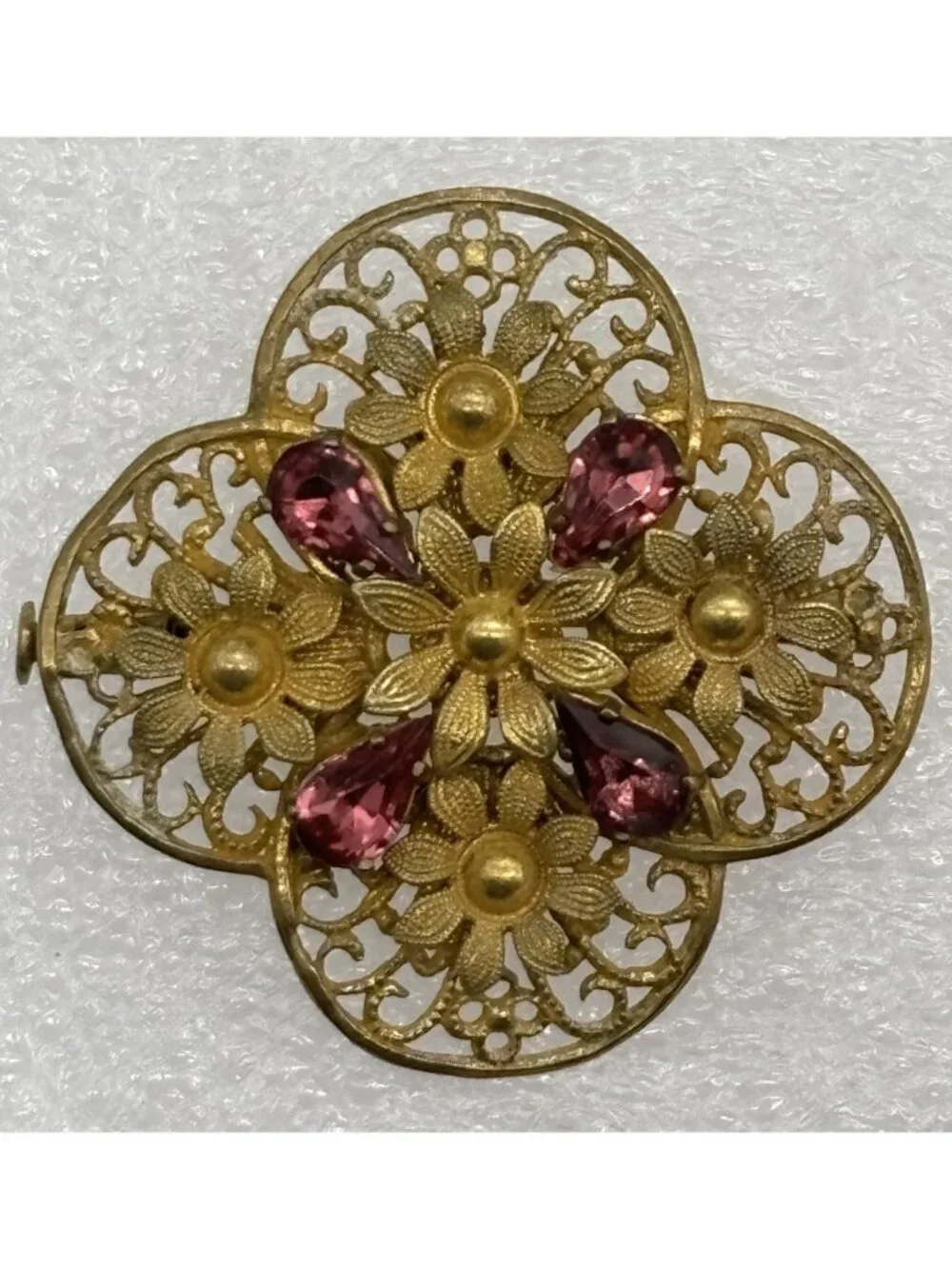 Vintage Czech Filigree Brooch Gold Tone Teardrop Pink Rhinestones Trombone Clasp